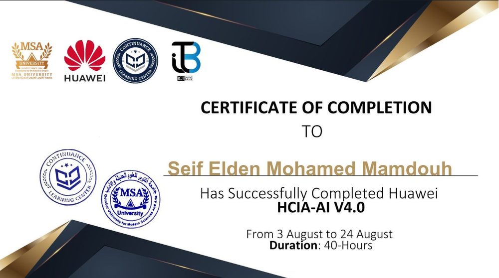 Huawei HCIA-AI V4.0 certificate of completion awarded to Seif Elden Mohamed Mamdouh, 40 hours